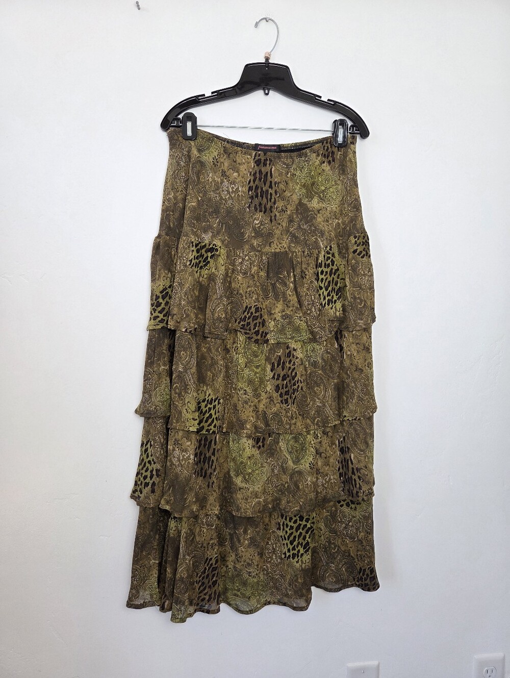 Francesca Rose Maxi Skirt Tiered 90s Y2K Green Patchwork Abstract Goblin Forest